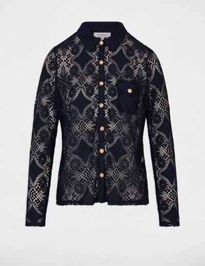 Chemise dentelle col &agrave; revers bleu marine femme