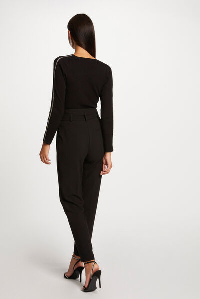 Pull manches longues bandes bijoux noir femme