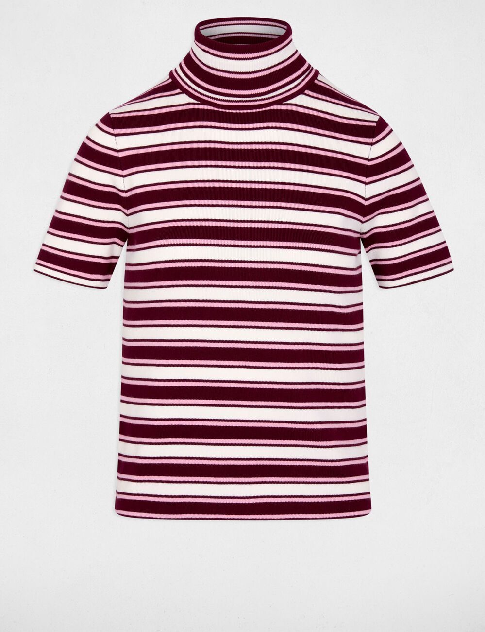 Pull col roul&eacute; ray&eacute; bordeaux femme