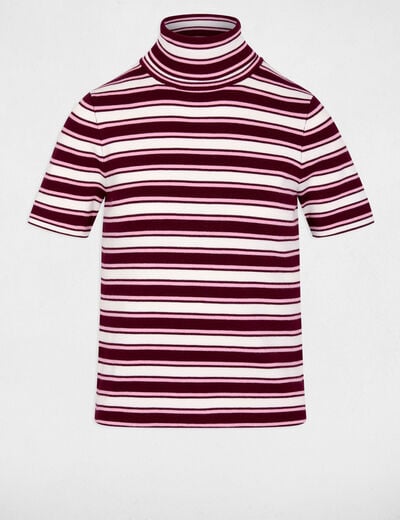 Pull col roul&eacute; ray&eacute; bordeaux femme