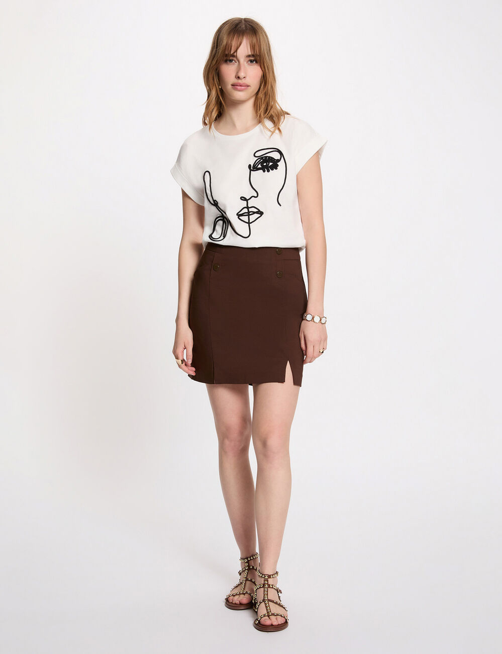 T-shirt broderie visage blanc femme
