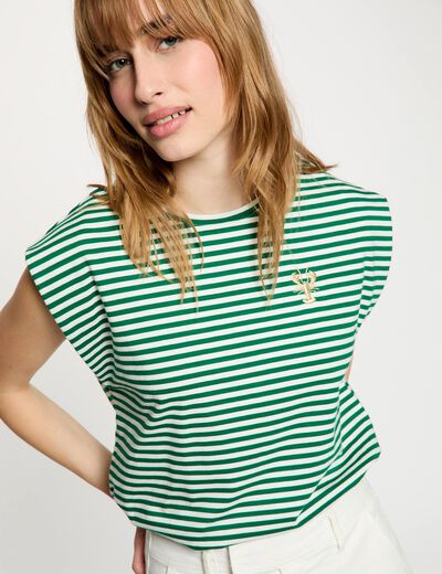 T-shirt ray&eacute; brod&eacute; vert prairie femme