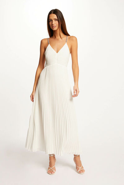 Robe longue évasée plissée à dos nu ecru femme