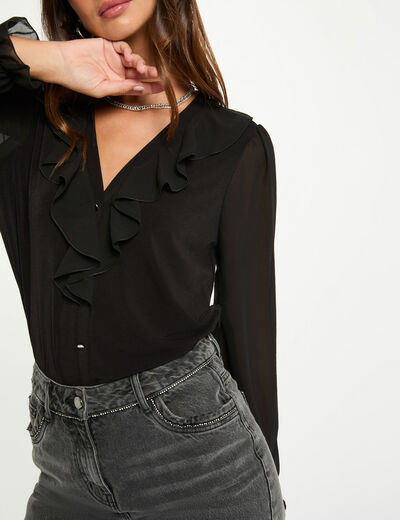 T-shirt voile col v noir femme