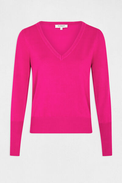 Pull manches longues avec col en V rose fonce femme