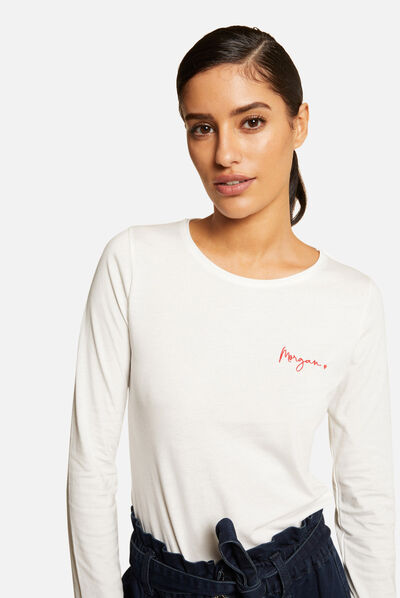 T-shirt manches longues à détails brodés ecru femme