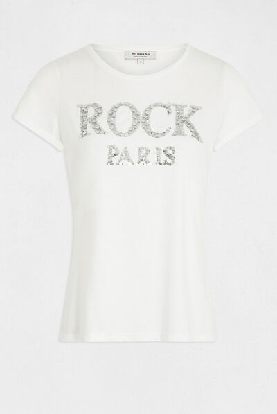 T-shirt manches courtes à inscription argente femme