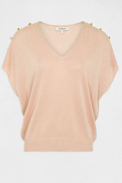 Pull manches courtes à col en V rose clair femme