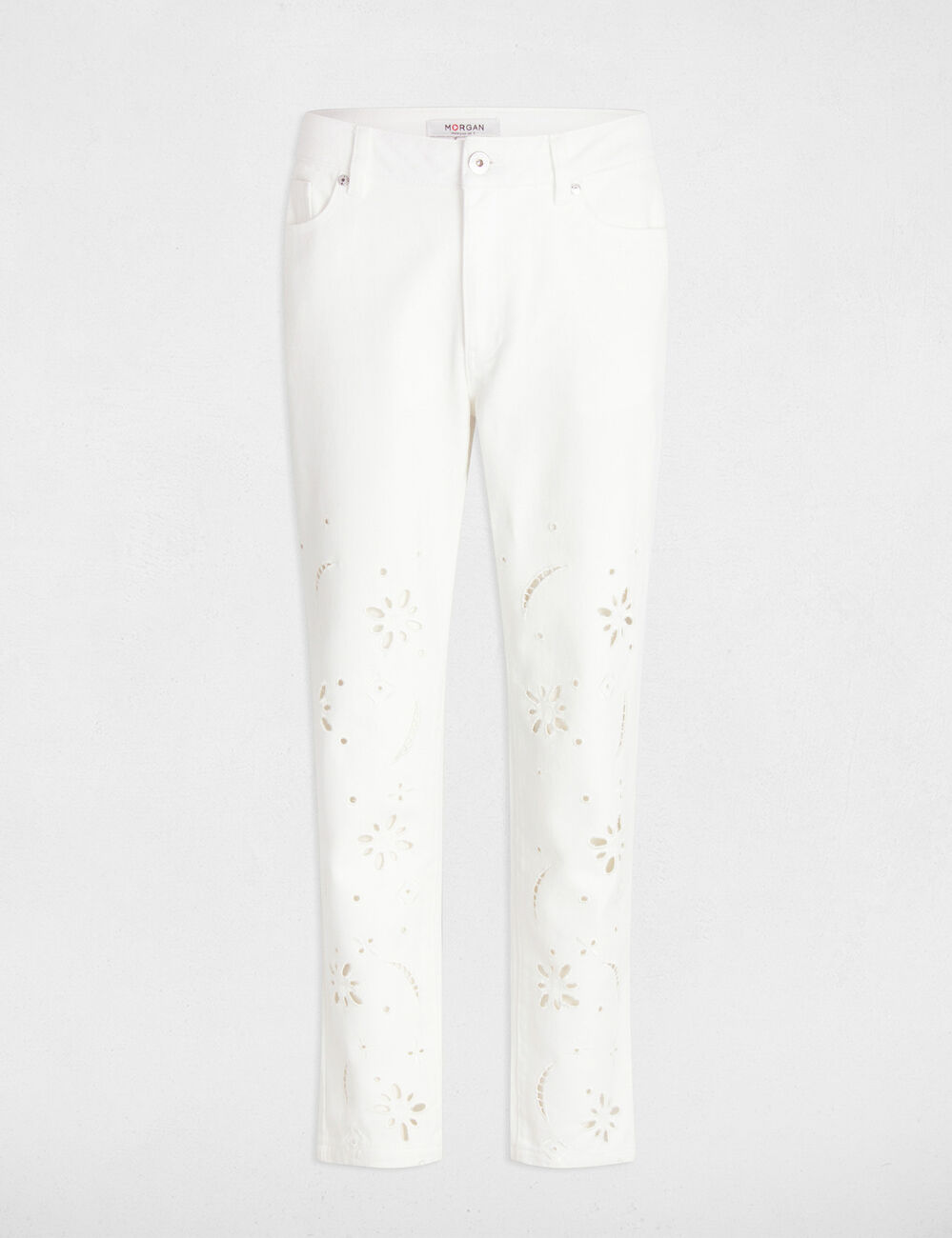 Jeans droit brodé blanc femme