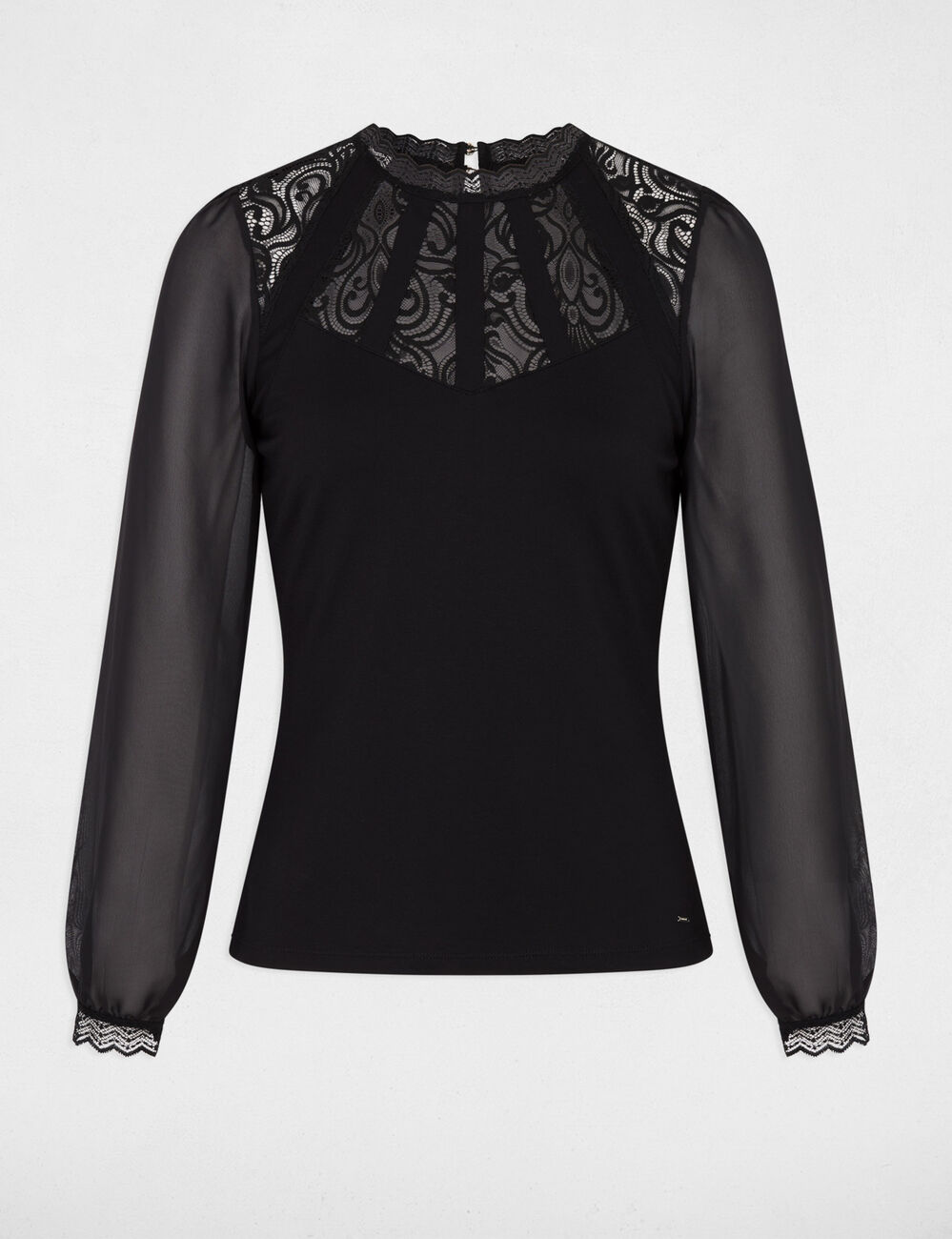 T-shirt dentelle manches longues noir femme