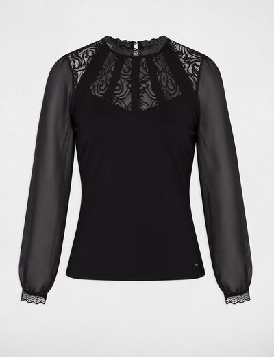 T-shirt dentelle manches longues noir femme