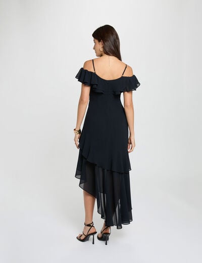 Robe midi droite volants bleu marine femme