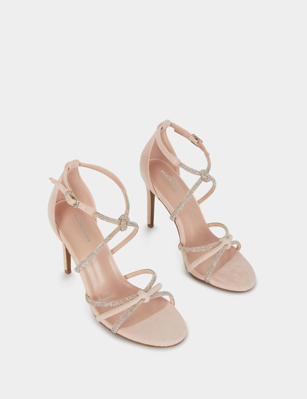 Sandales &agrave; talons avec brides strass rose clair femme