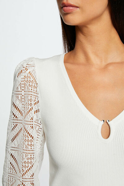 Pull manches longues en dentelle ecru femme