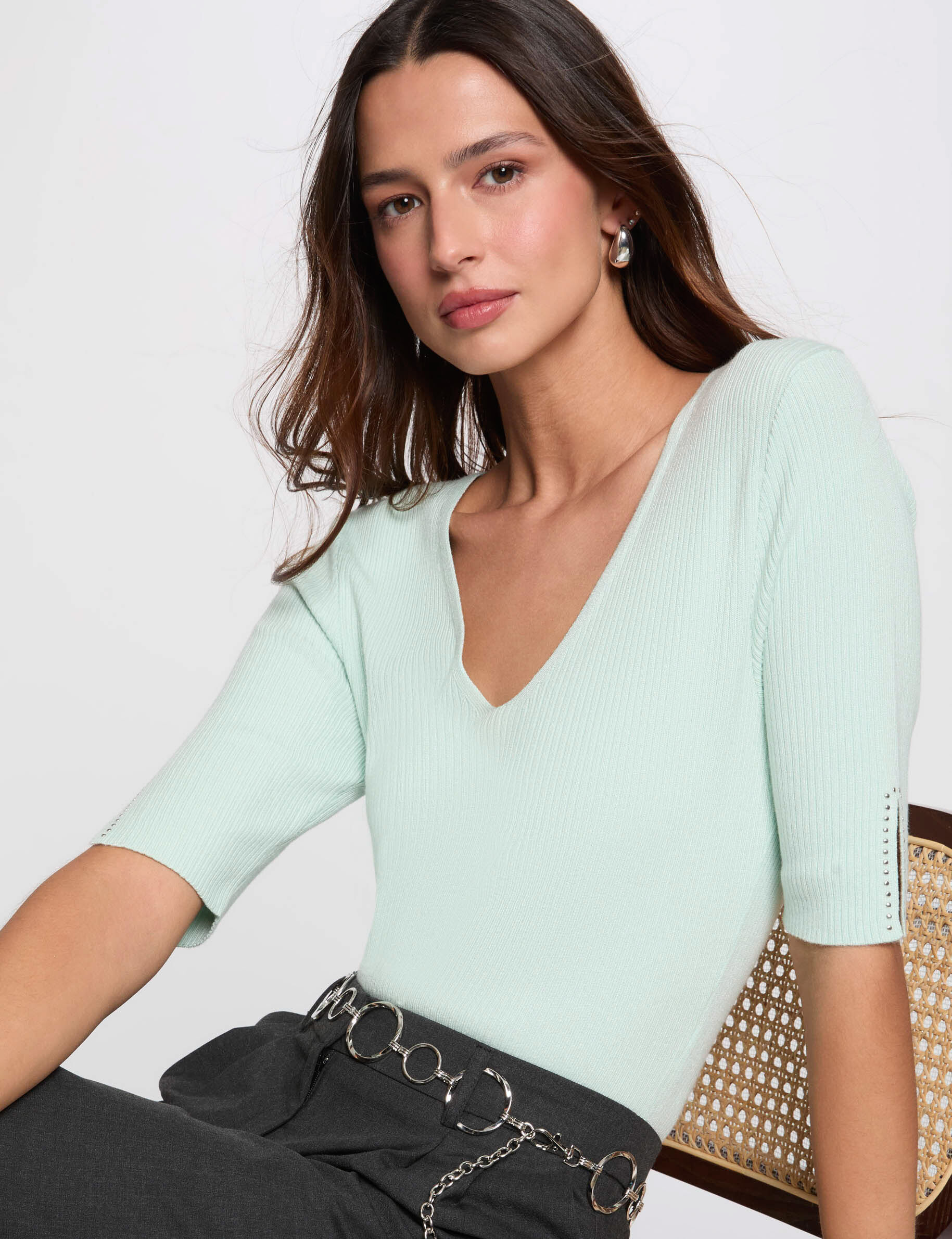 Pull col en V vert clair femme - Morgan - Modalova