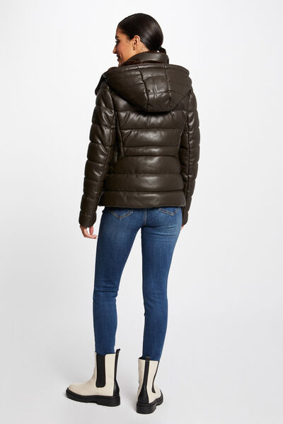 Doudoune droite à capuche marron femme