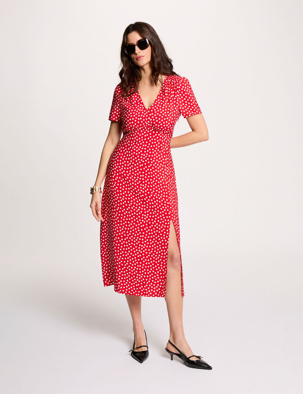 Robe mi-longue col v rouge femme