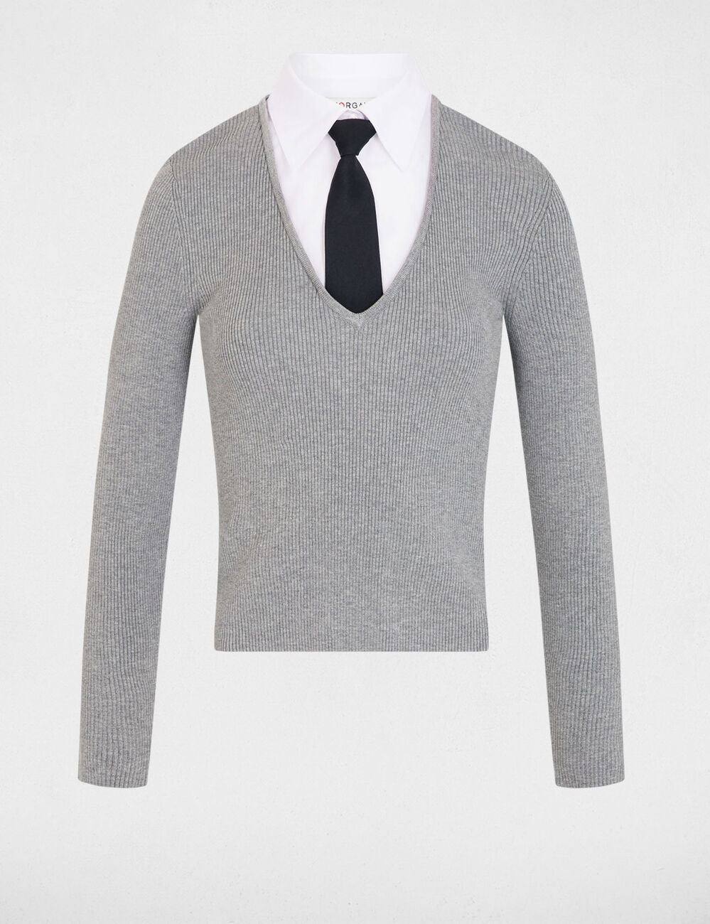 Pull 2-en-1 col &agrave; revers gris clair femme