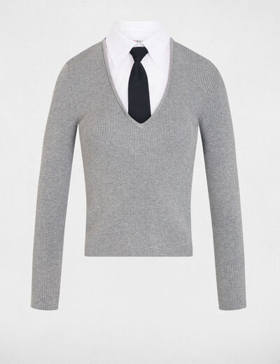 Pull 2-en-1 col &agrave; revers gris clair femme