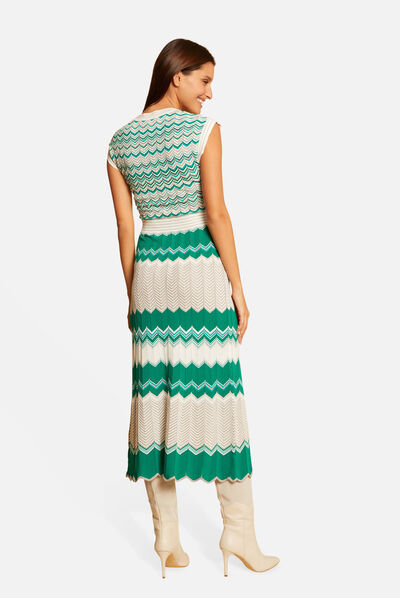 Robe pull longue droite imprimé chevron vert femme