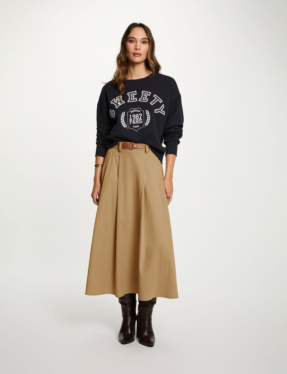 Sweat col rond imprim&eacute; bleu marine femme