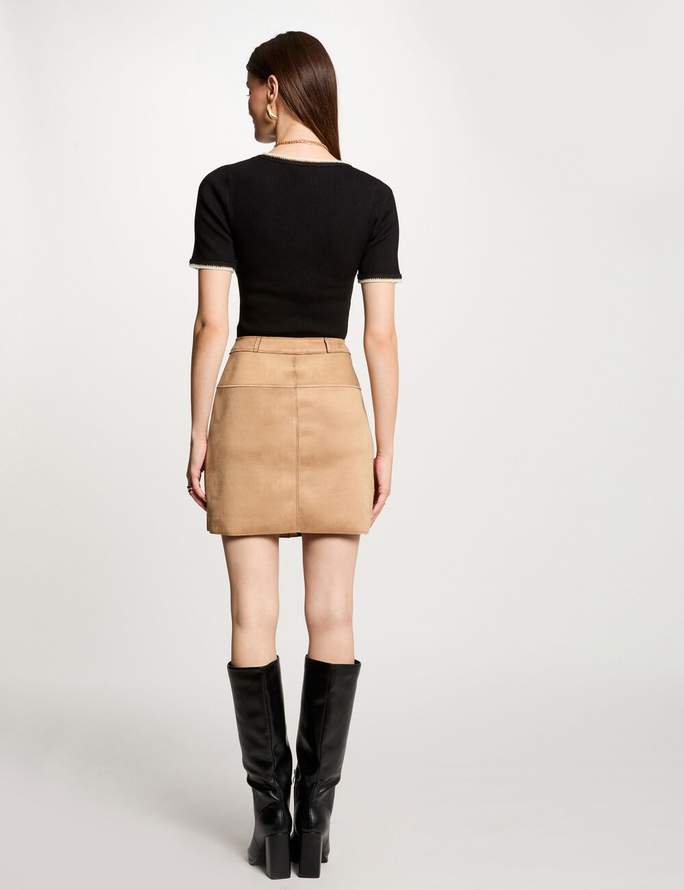 Pull manches courtes côtelé noir femme