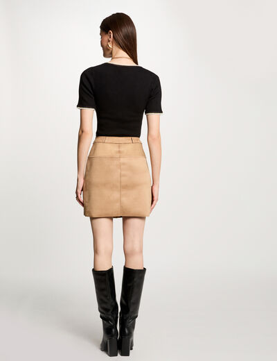 Pull manches courtes côtelé noir femme