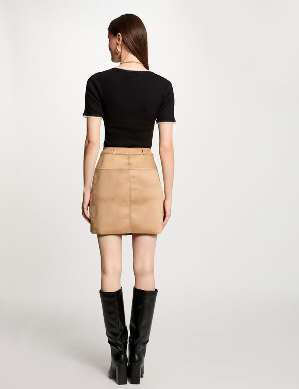 Pull manches courtes côtelé noir femme