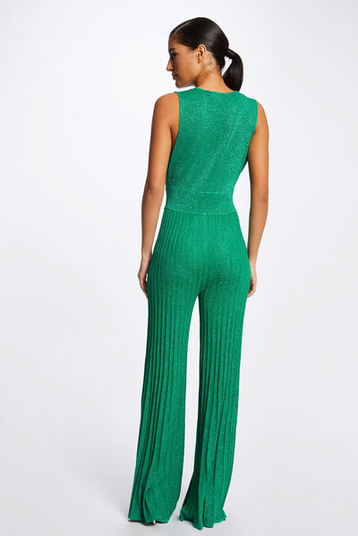 Combinaison jambes larges plissées vert moyen femme