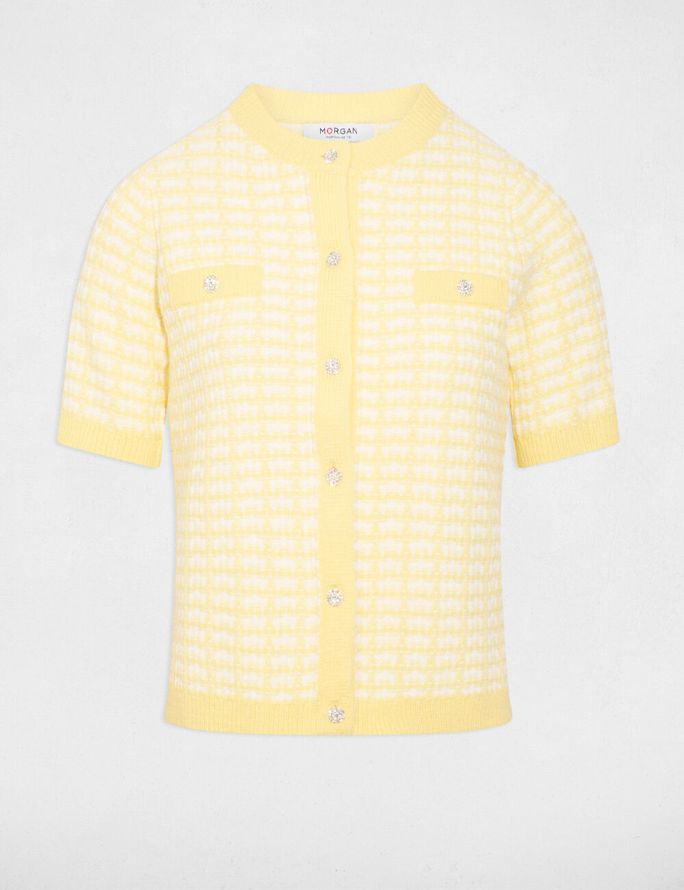 Gilet manches courtes imprim&eacute; jaune clair femme