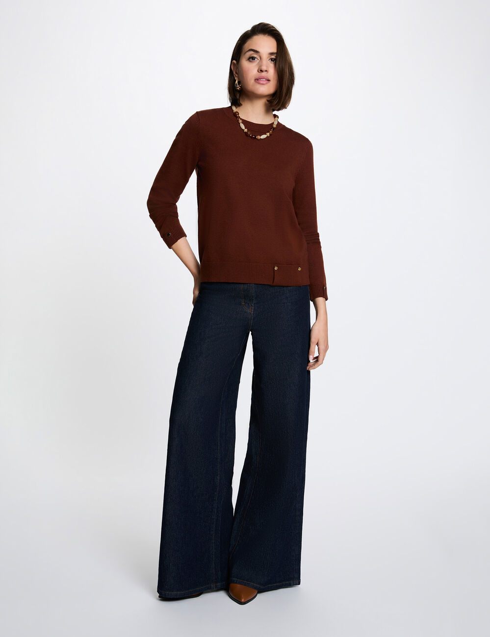 Pull col rond marron femme