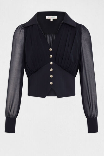 Blouse manches longues avec plis marine femme