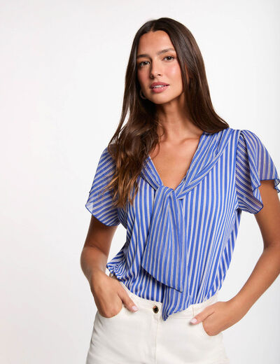 T-shirt col lavalli&egrave;re blanc femme