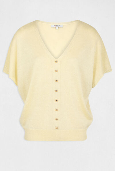 Pull manches courtes avec boutons jaune paille femme