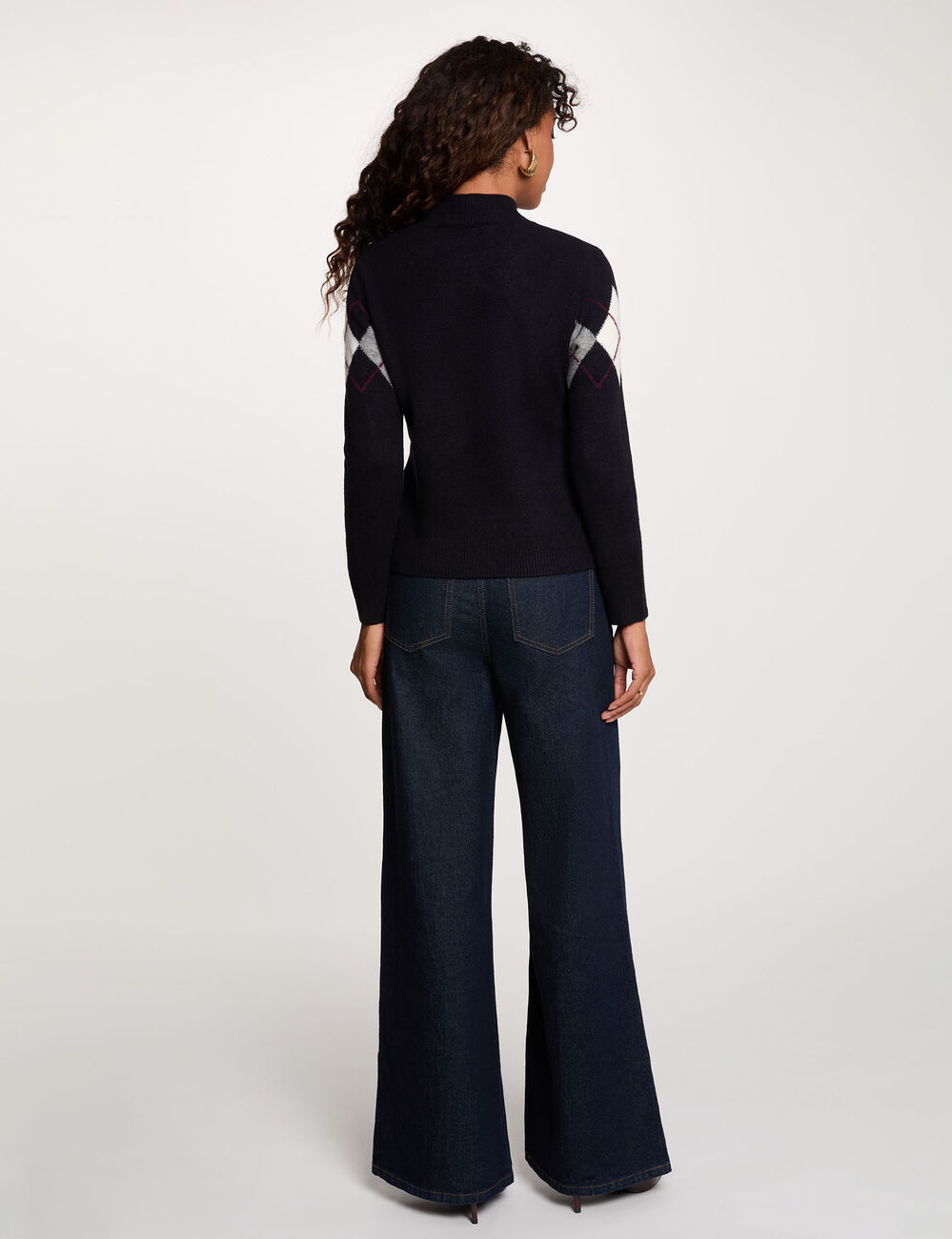 Pull jacquard col montant bleu marine femme