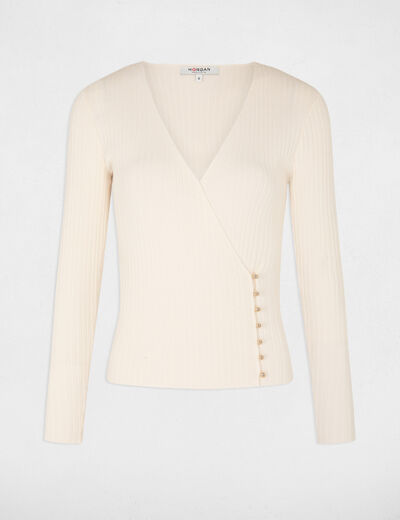 Pull manches longues col cache-coeur ivoire femme
