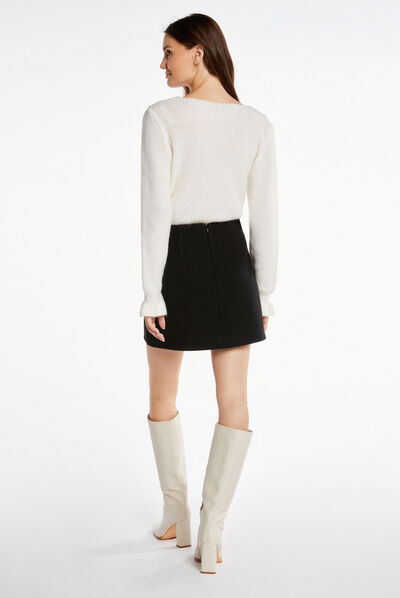 Pull manches longues col rond ivoire femme