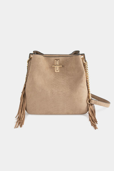 Sac seau à franges aspect python beige femme