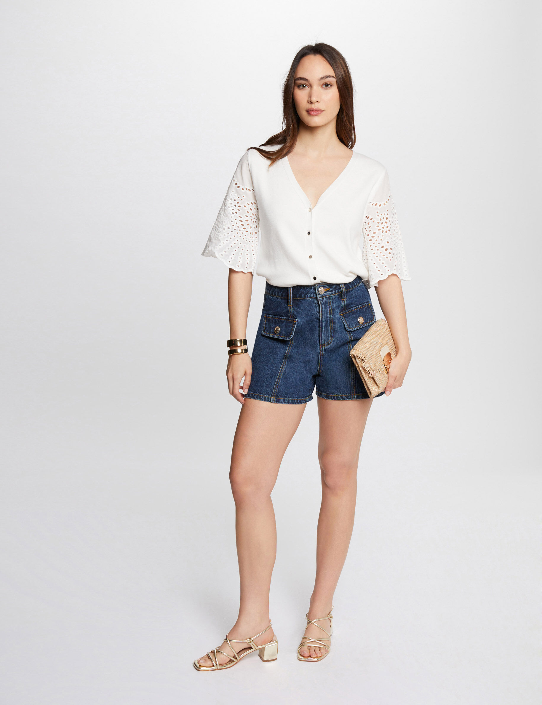 Pull col en V manches courtes ecru femme Morgan