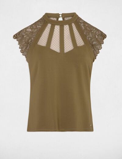 T-shirt manches courtes &agrave; dentelle vert kaki femme
