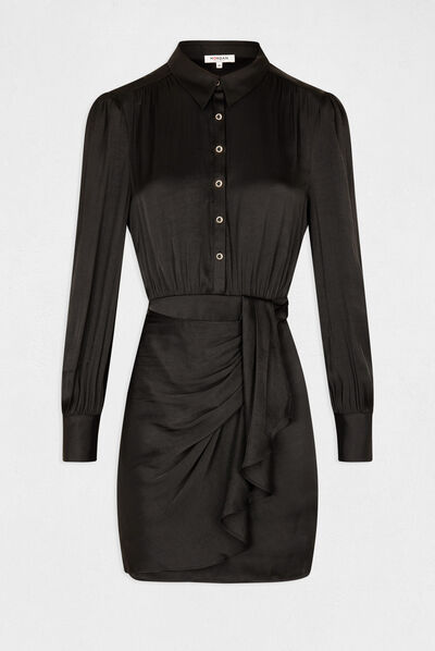Robe droite drapée satinée noir femme