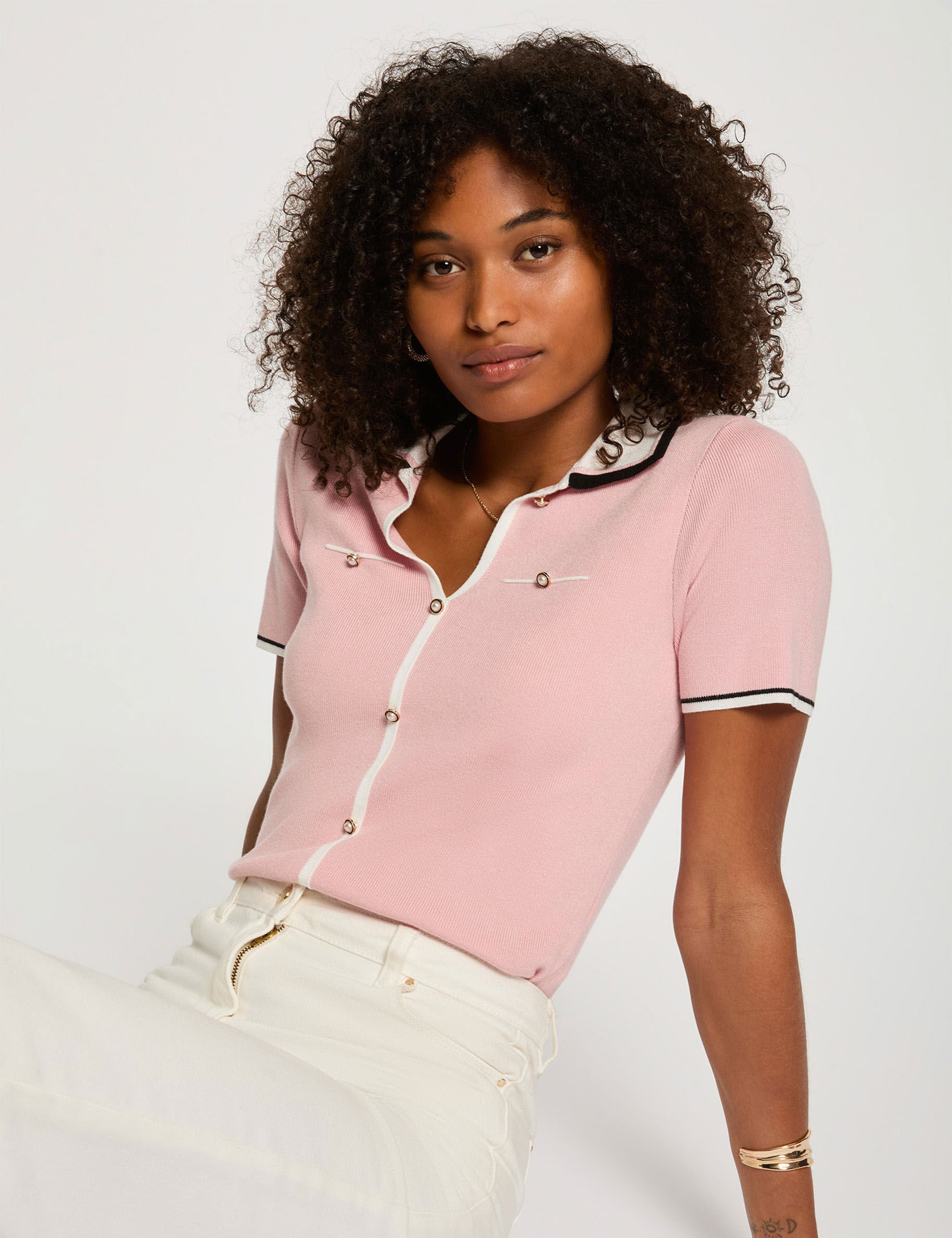 Pull col polo manches courtes poudrée femme