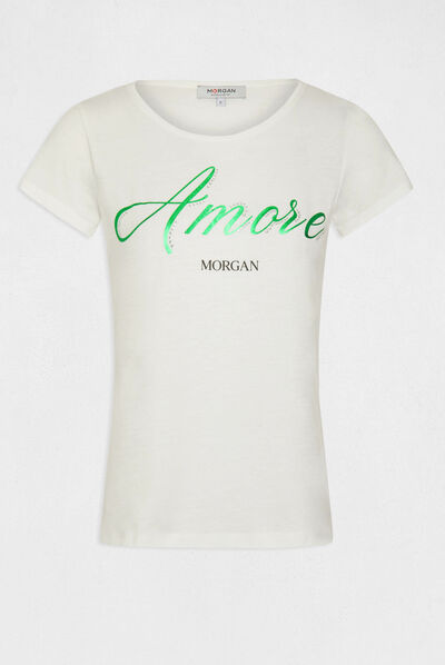 T-shirt manches courtes à inscription ecru femme