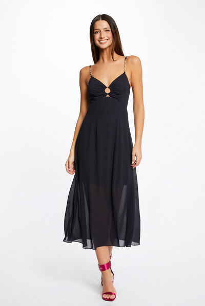 Robe midi évasée bretelles chaînes marine femme