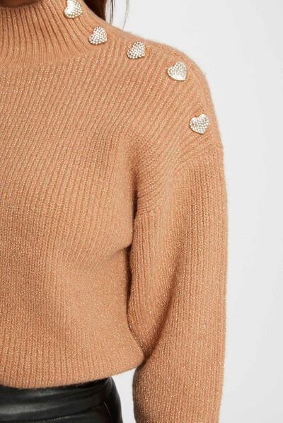 Pull manches longues avec boutons camel femme