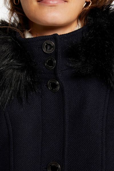 Manteau long détails simili cuir marine femme