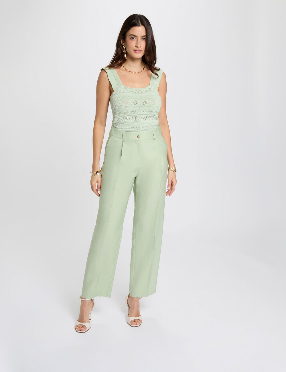 Pantalon carotte taille haute vert pastel femme