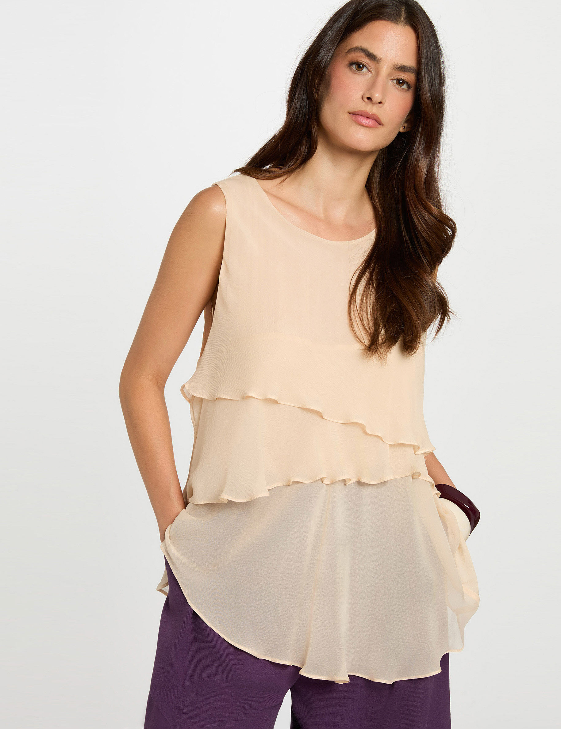 Blouse voile sans manches poudrée femme
