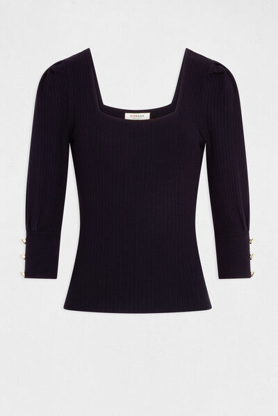 Pull manches 3/4 bouffantes marine femme