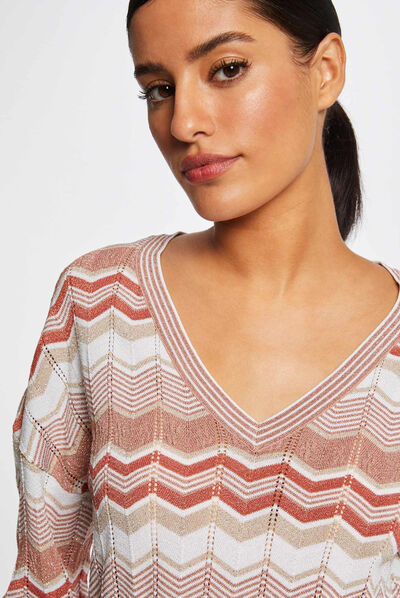 Pull manches longues imprimé chevron vieux rose femme